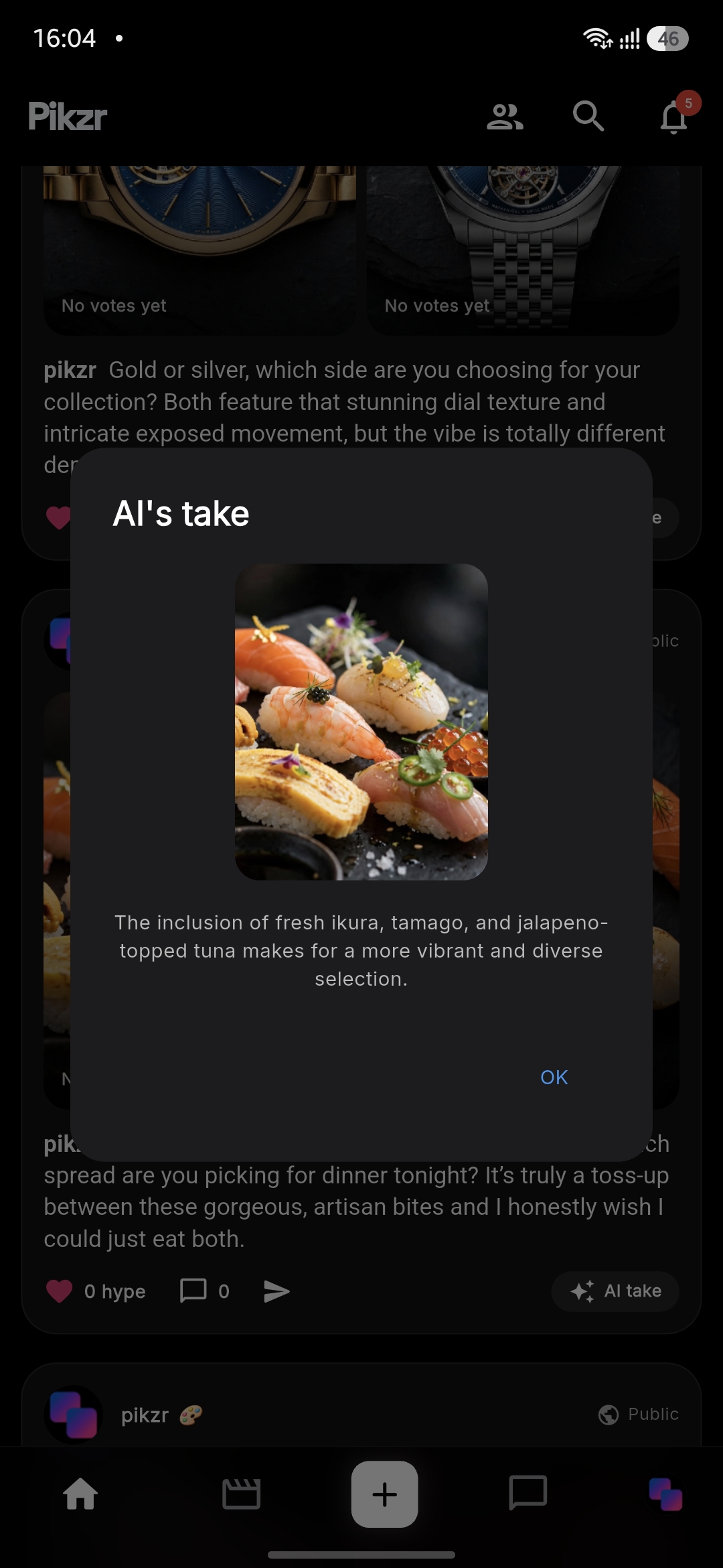 Pikzr's AI take feature giving an opinion on a sushi photo comparison