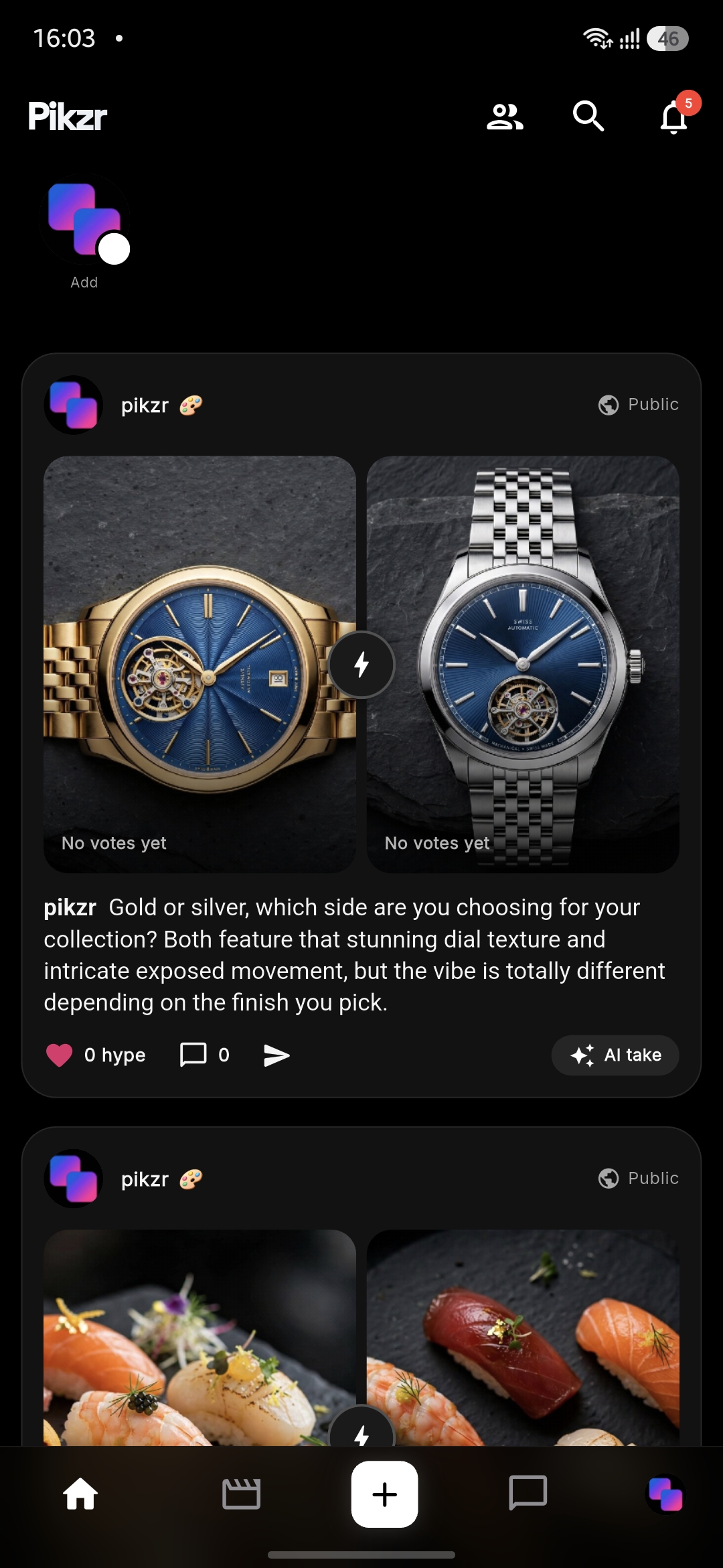 A Pikzr side-by-side photo comparison post, asking friends to vote gold or silver watch